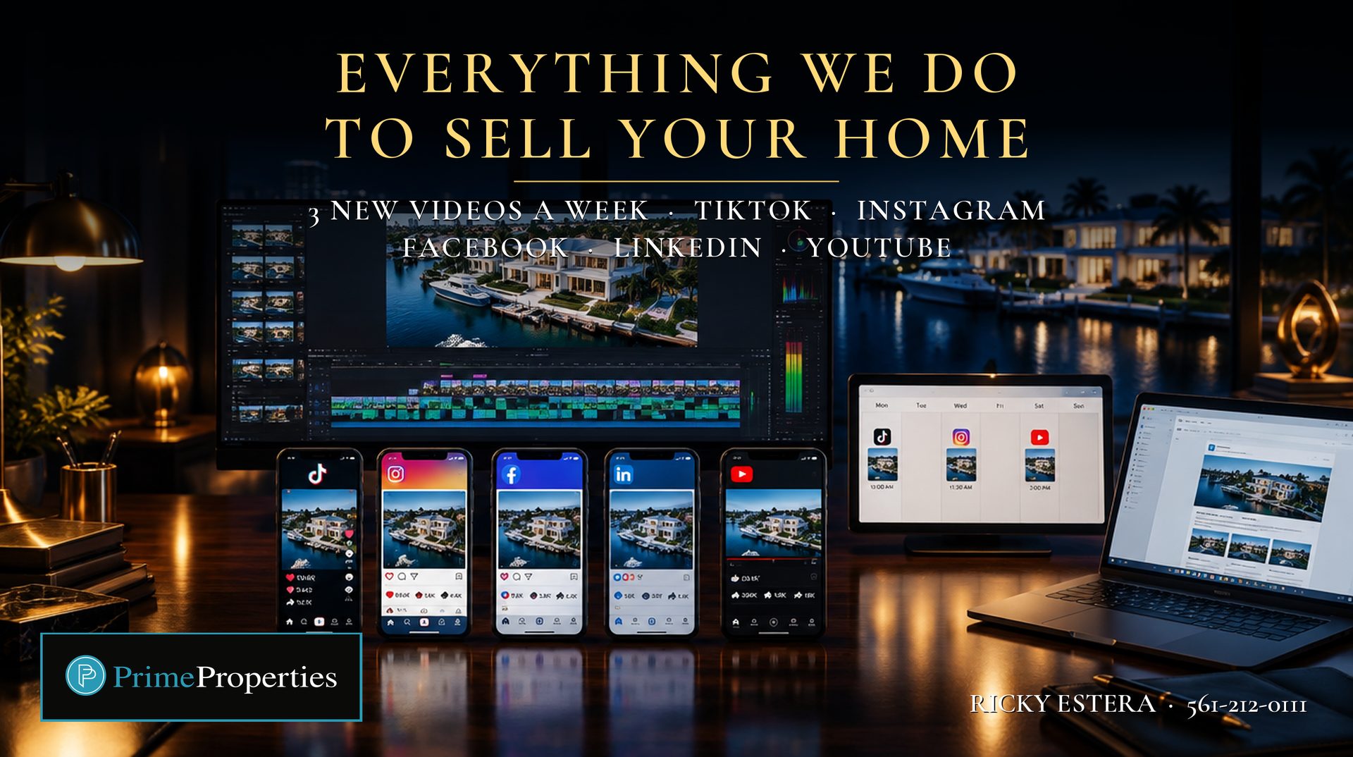Everything we do to sell your home: a listing video being edited and published to TikTok, Instagram, Facebook, LinkedIn and YouTube